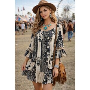 VaVa Joy Han Boho Tunic Dress L Bell Sleeve Tribal Print Peasant Festival Indie